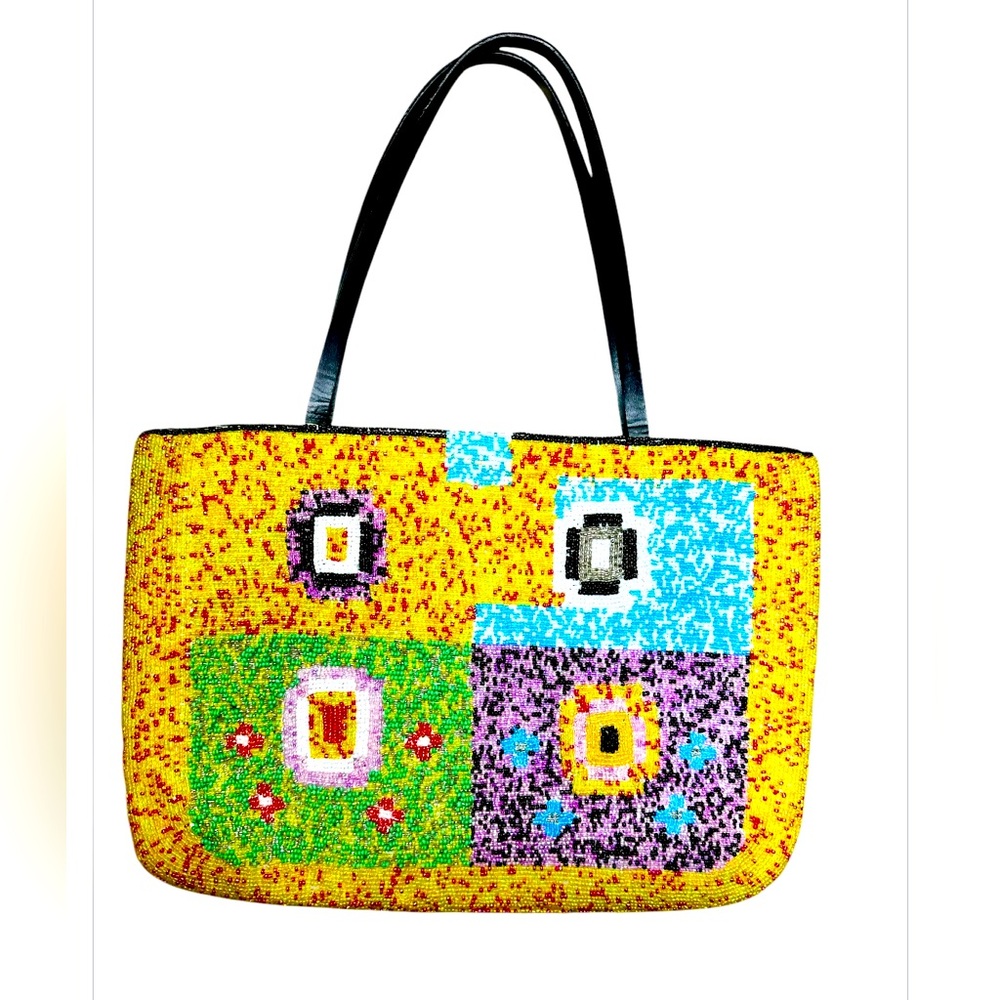 Vintage glass hand beaded tote bag purse satchel